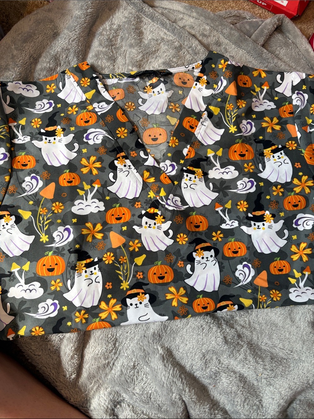 Halloween Ghost & Pumpkin V-Neck Women’. Scrub top